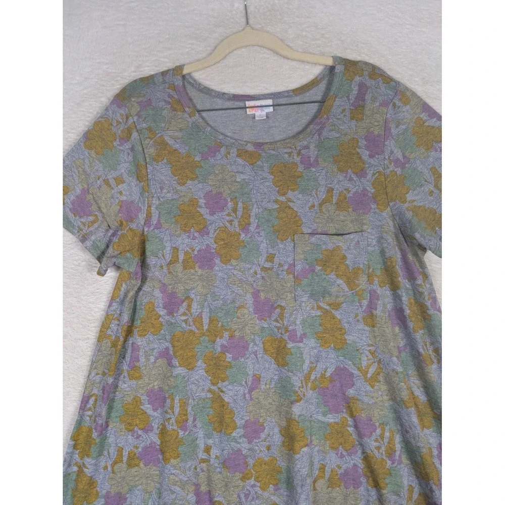 LuLaRoe Carly Dress Women's Large Gray Floral High Low Short Sleeve Pocket